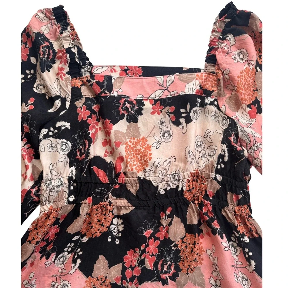 Spartina 449 Floral Cupro Peplum Blouse Wmns Large Black Pink Excellent Long Slv
